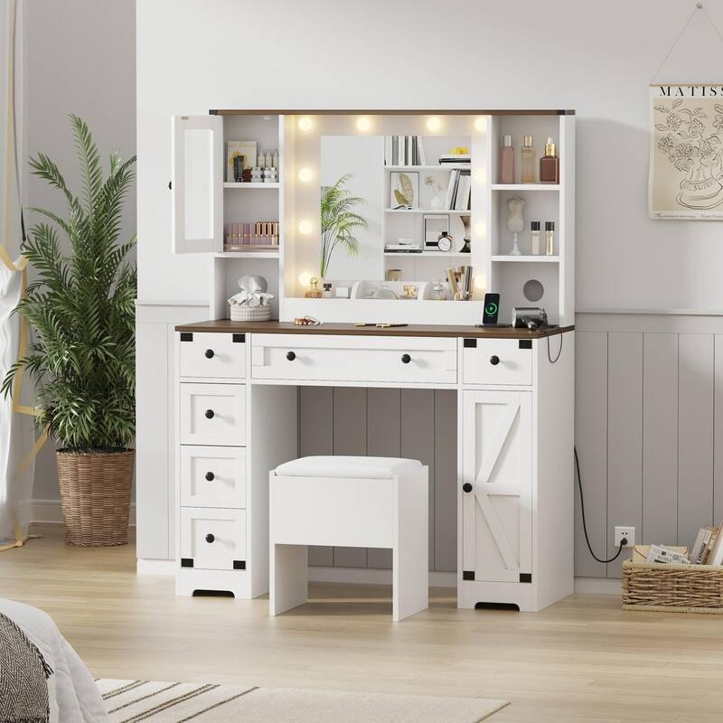 Makeup Vanity Desk with Mirror, Stool, 6 Drawers, 2 Cabinets, Charging Station