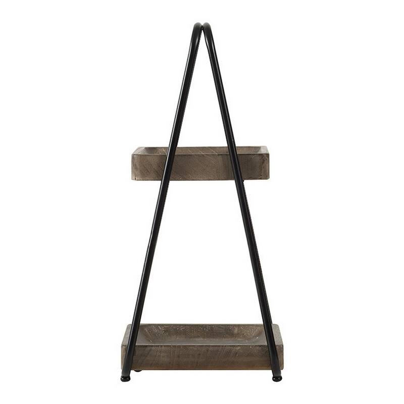 Nick 19 Inch 2 Tier Decorative Tray Stand, Black Iron Frame, Gray Wood