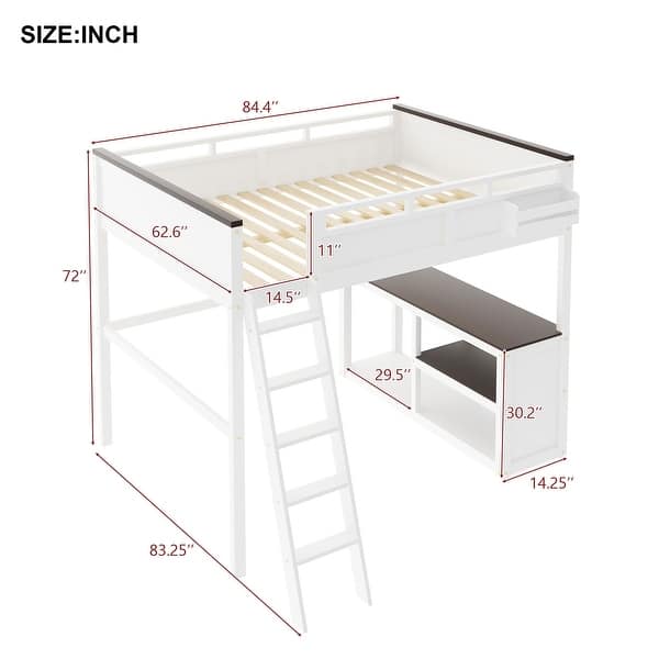 Queen Size Loft Bed with Built-in Desk, Storage Box, Open Shelves and USB Charging Station, Space-Saving Wooden Loft Bed Frame