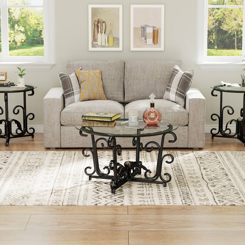Anmytek 3 Piece Modern Space Saving Coffee Table Set with 2 End Tables Tempered Glass Top Sturdy Metal Frame