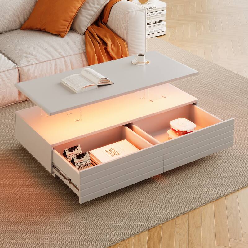 Modern White Rectangular LED Lights Coffee Table with 2 Drawers