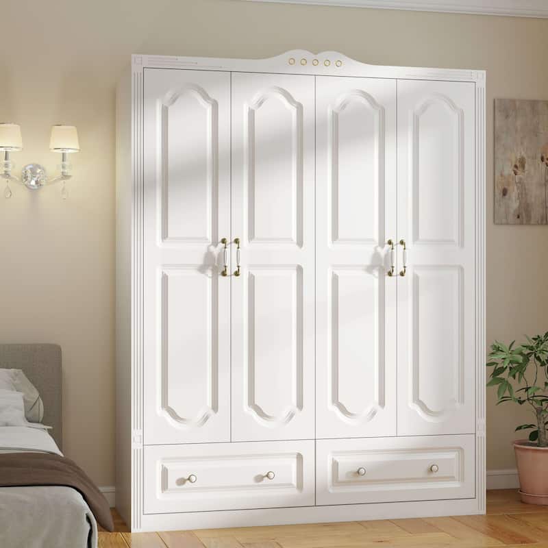 White Wardrobe Closet with 2 Drawers - Modern Storage Cabinet