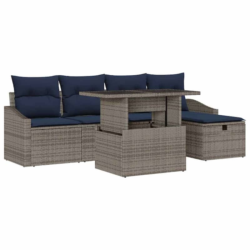 vidaXL 6 Garden Sofa Set with Cushions Black/Brown/Grey Poly Rattan - 91.7 x 46.1 x 27.2