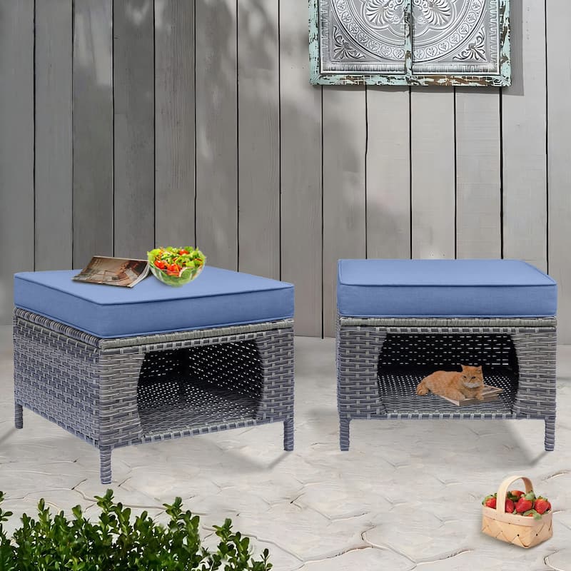 2 Pieces Outdoor Patio Furniture Rattan Storage Ottoman with Cushion