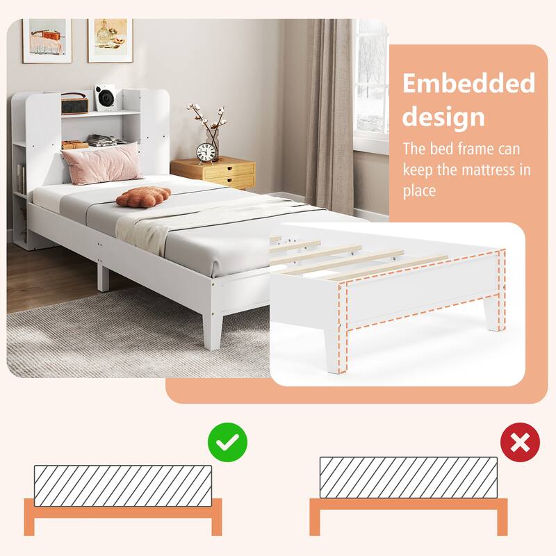 Gymax Twin Size Bed Frame Wooden Platform Bed Kids Bed Frame w/