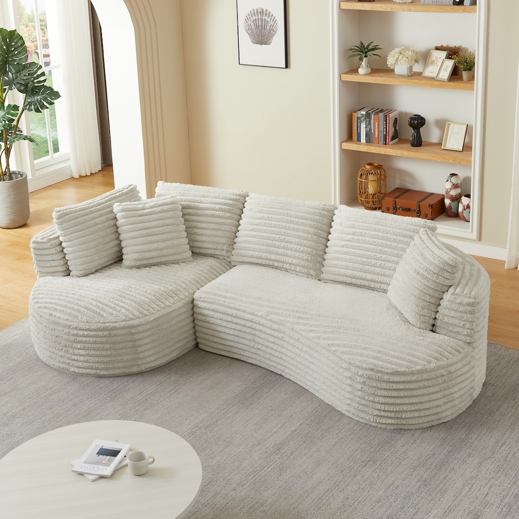Minimalist Comfy Deep Seat Curved L-shaped Sectional Sofa with Chaise Lounge Corduroy Sleeper Couch with Pillows for Living Room