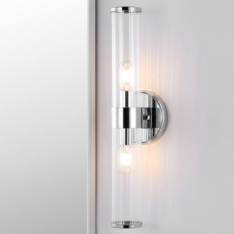 Cecil Tall Cylinder Iron/Striped Glass Modern Mid-Century LED Vanity, Chrome by JONATHAN Y