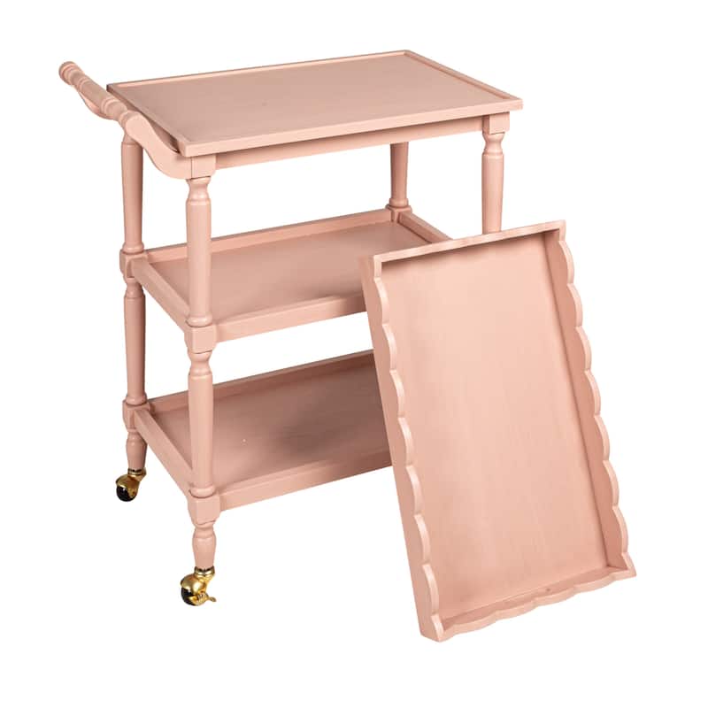 3-Tier Bar Cart on Casters with Removable Scalloped Tray, Pink - 27.3"L x 15.8"W x 31.9"H
