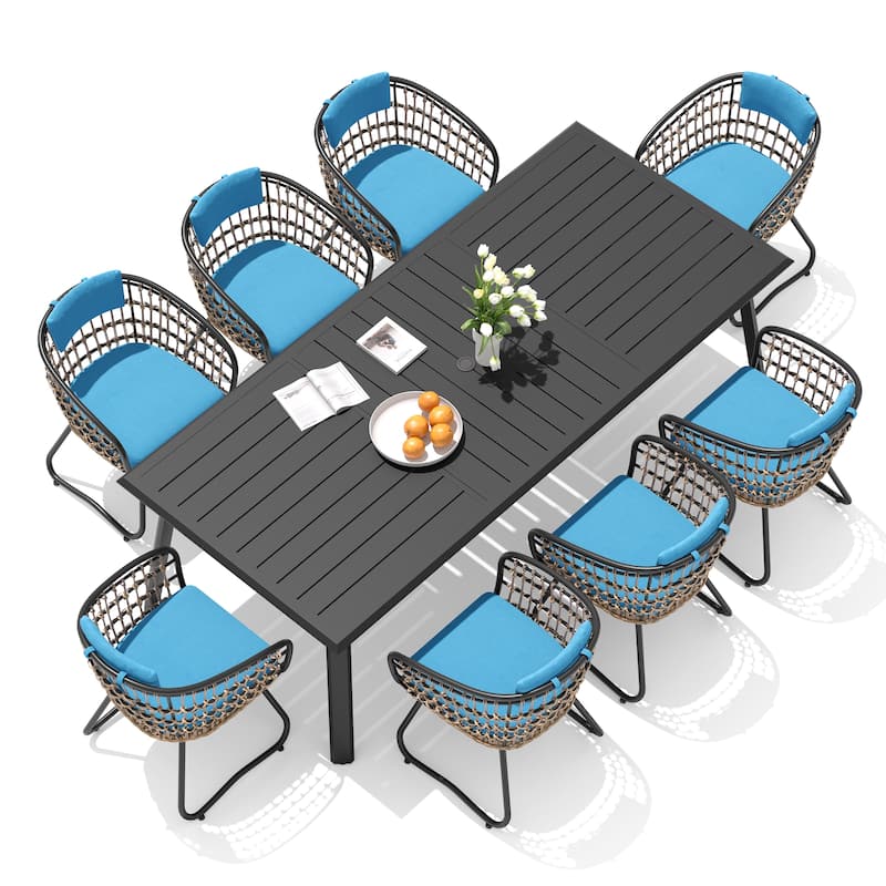 VredHom 9-PC Outdoor Patio Rectangular Aluminum Dining Sets Table with Rattan Chairs Umbrella Hole - Table-Black&Chair-Blue