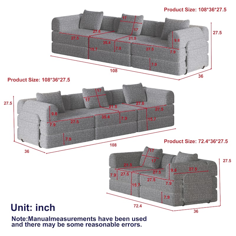 8 Seater Folding Couch Modular Chenille Sectional Sofa Freely Combined Sleeper Sofa Bed with Storage Pockets and Anti-slip Pads