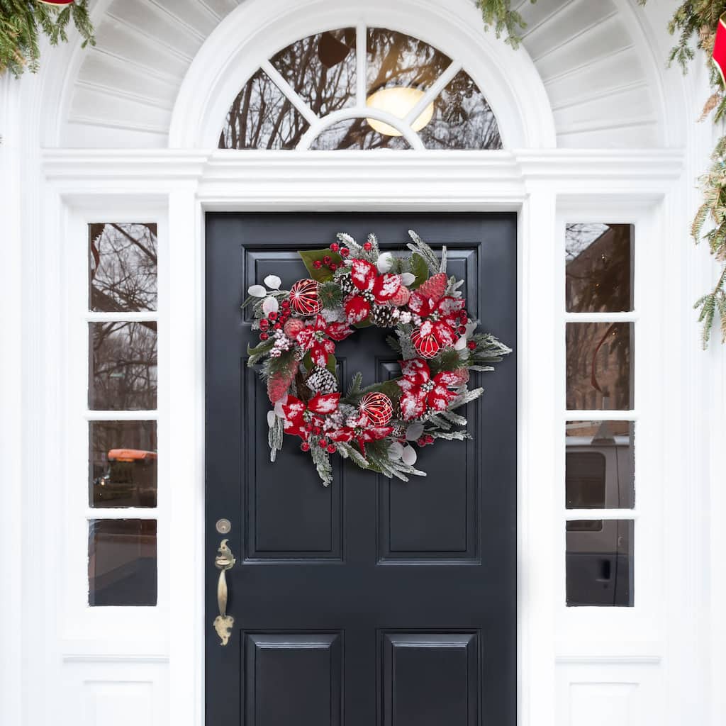 SAFAVIEH Home Faux 28-inch Snowy Needle Pine Wreath With Red Poinsettias & Ornaments
