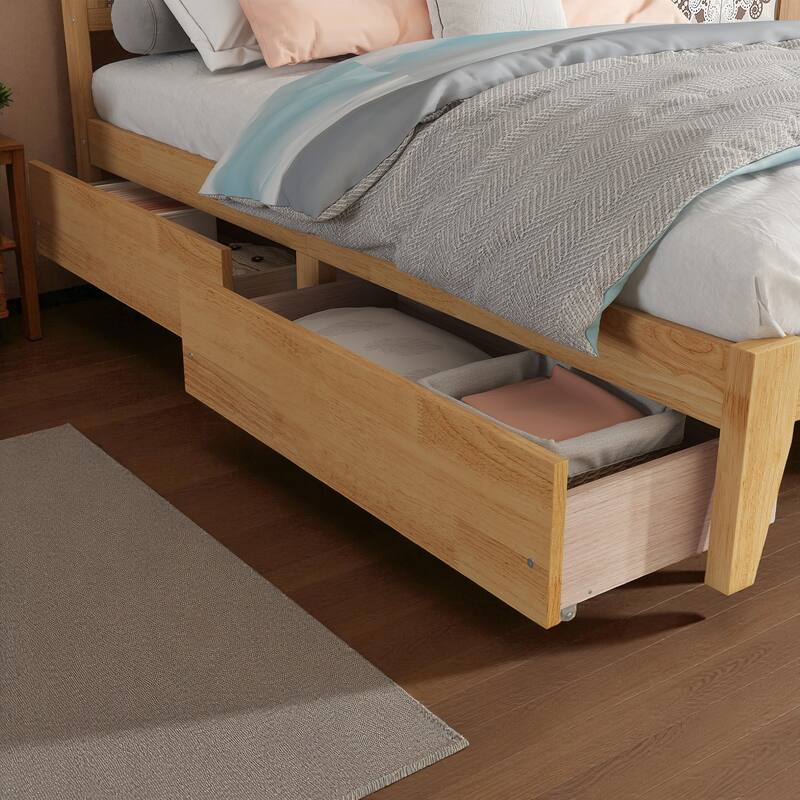 Full/King Size Rubber Wood Bed with Rattan Headboard and 2 Storage Drawers, Solid Frame with Reinforced Support Slats and Feet