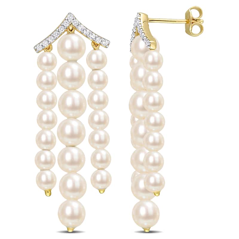 Miadora Freshwater Cultured Pearl Topaz 3-Row Earrings in Yellow Plated Sterling Silver