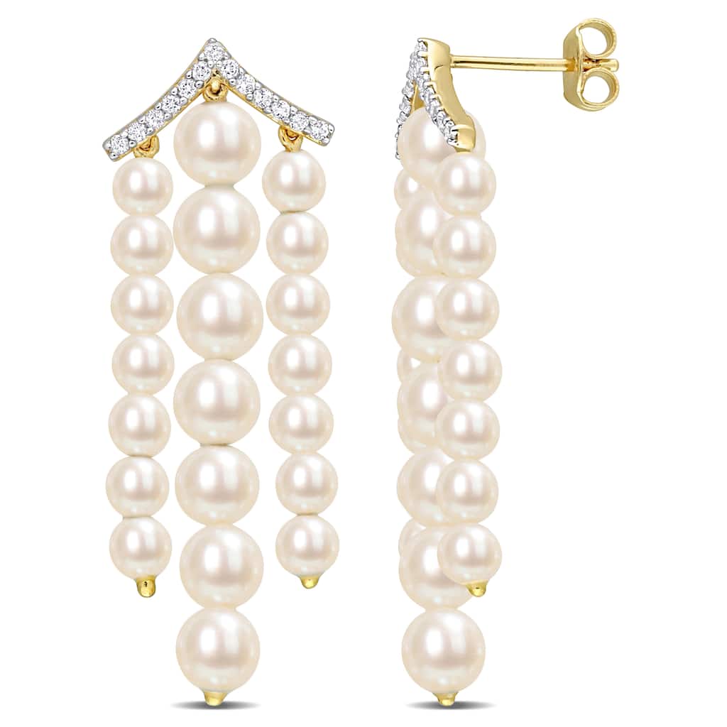Miadora Freshwater Cultured Pearl Topaz 3-Row Earrings in Yellow Plated Sterling Silver