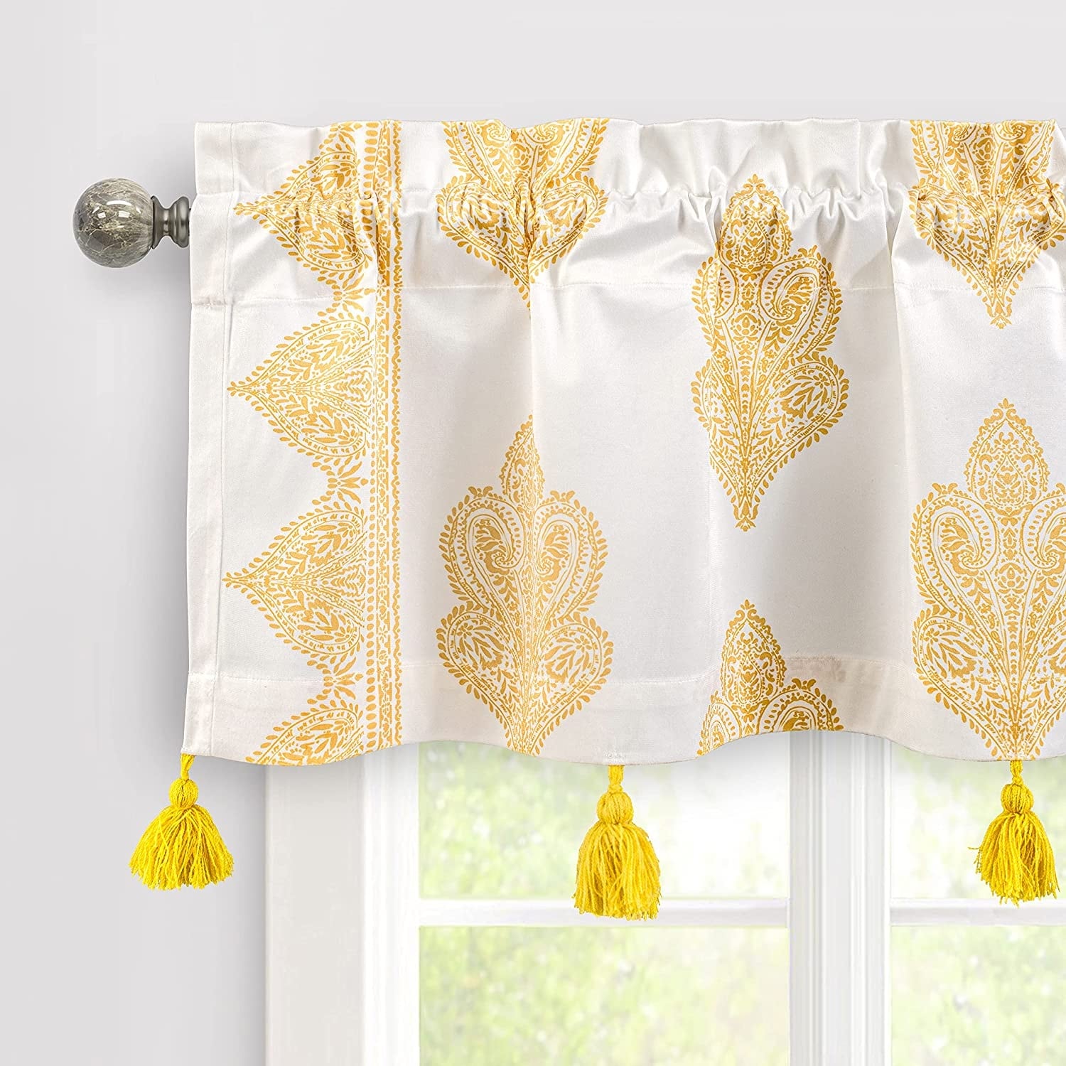 DriftAway Sadie Paisley Medallion Pattern Boho Velvet Window Curtain Valance with Handmade Tassels