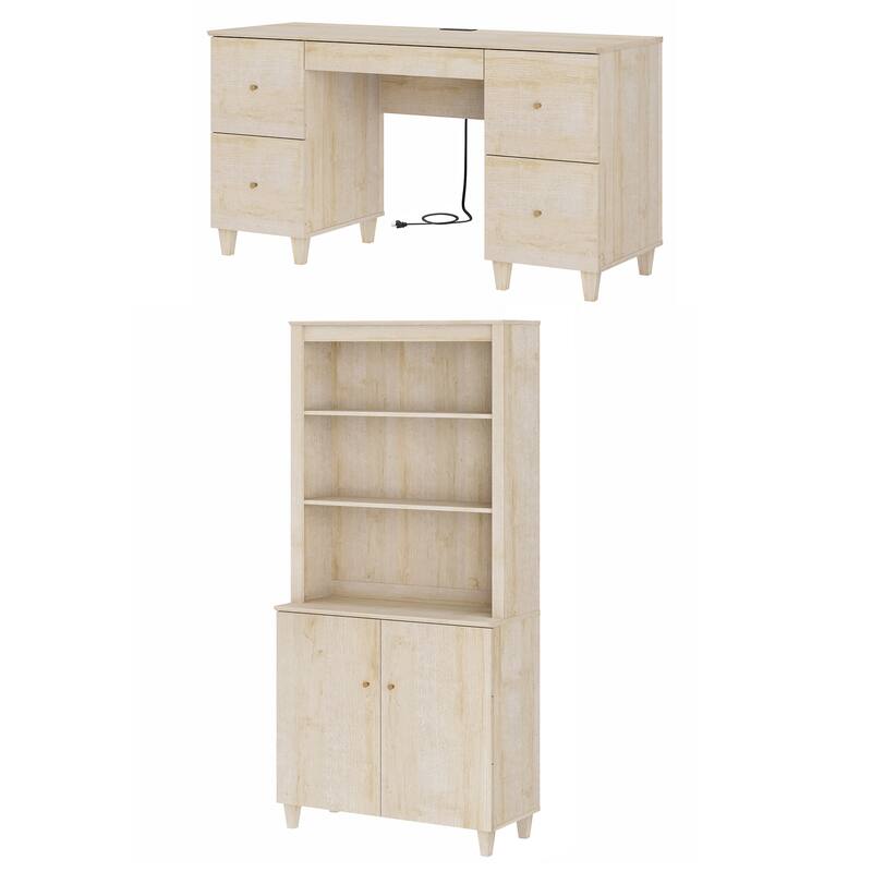 WAMPAT Home Office Furniture Set, 58" Executive Desk with Drawers, 71" Tall Bookcase with Doors and Adjustable Shelves