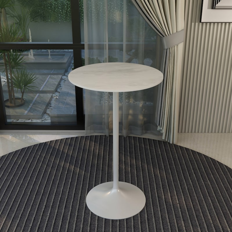 LeisureMod Verve 27" Bar Dining Table with Sintered Stone Round Top in White Steel, White Marbleized