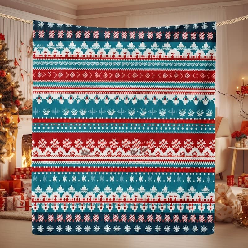 Christmas Striped Flannel Fleece Throw Blanket — Soft Holiday Blanket - Blue and Red - 50"x60"