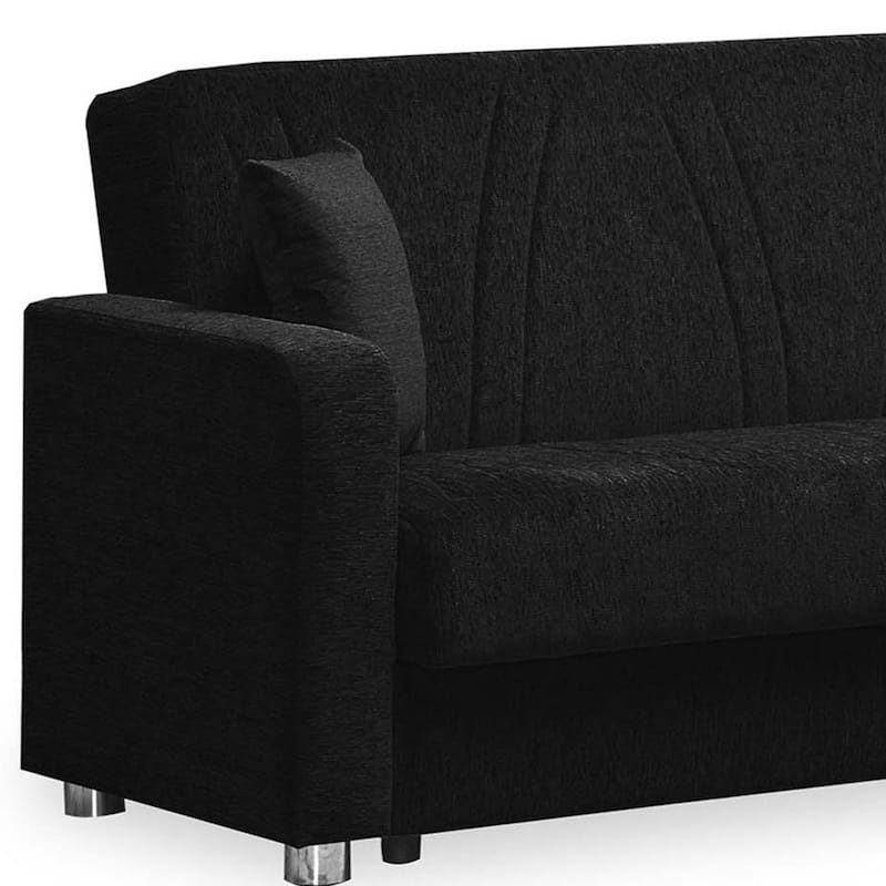 HomeRoots 87" Black Chenille Convertible Futon Sleeper Sofa And Toss Pillows With Storage