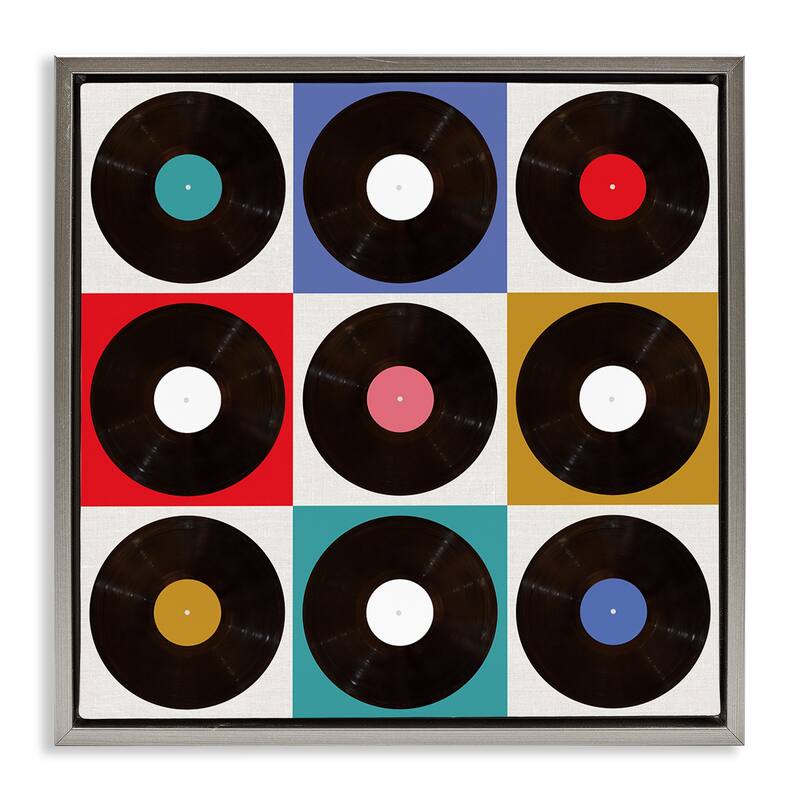 Stupell Geometric Music Records Framed Floater Canvas Wall Art Design By Katrina Craven - 18 x 18 - Grey
