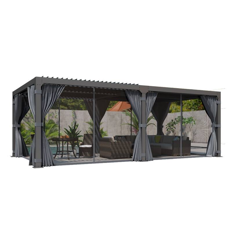 Outdoor Louvered Pergola, Outdoor Patio Hardtop Gazebo, Adjustable Metal Roof Curtains and Netting Included