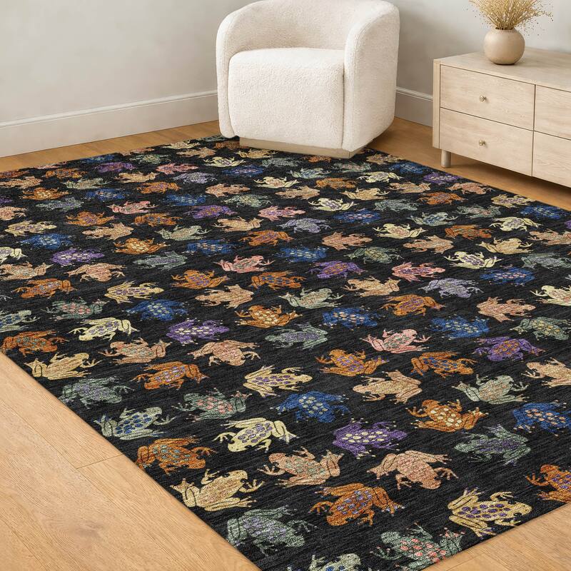 Machine Washable Indoor/ Outdoor Modern Frogs Chantille Rug