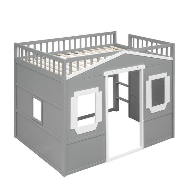 slide 2 of 14, Full Size House Loft Bed With Ladder,Child-Like House Design Underneath Gray+White