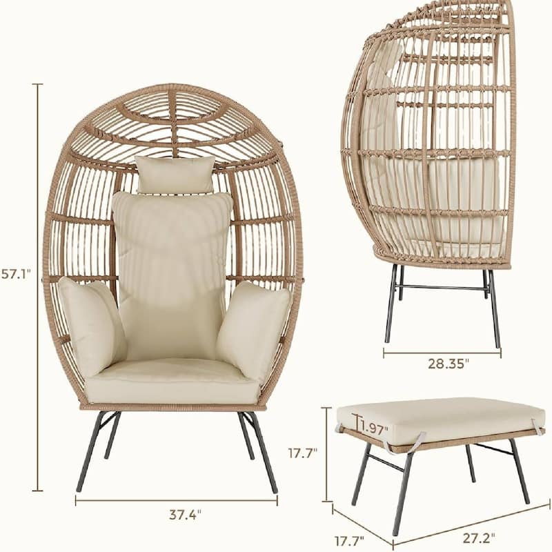 Rattan Wicker Egg Chair with Ottoman with Cushion for Balcony, Porch, Backyard