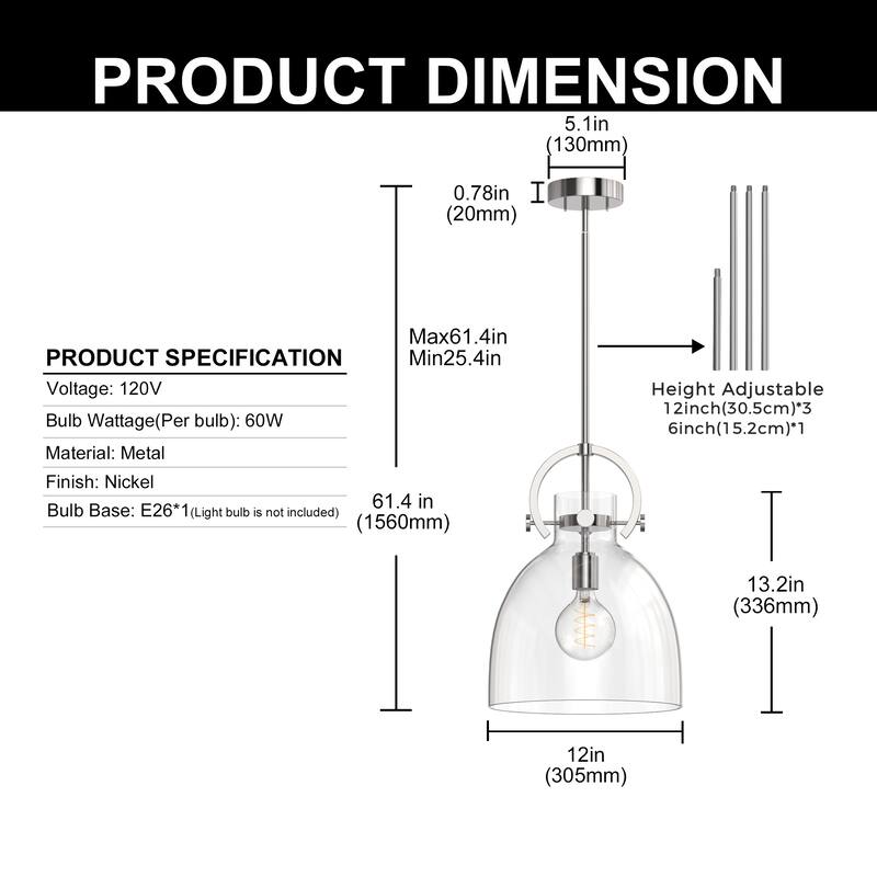 YANSUN 1-Light Pendant Light with 12-Inch Bell-Shaped Shade in Nickel Finish, Clear Glass for Modern and Industrial Lighting