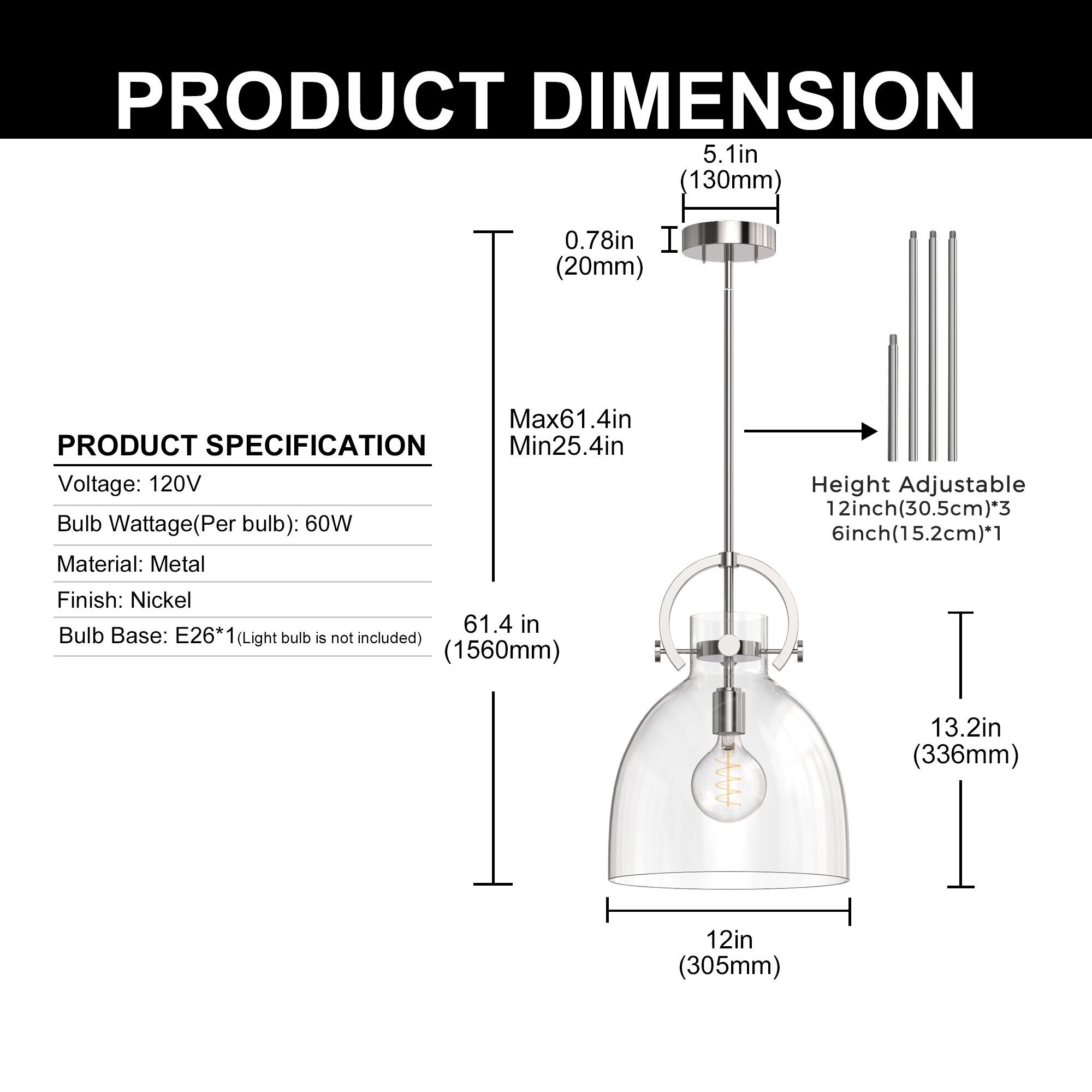 【信頼】 YANSUN 1-Light Pendant Light with 12-Inch Bell-Shaped Shade その他