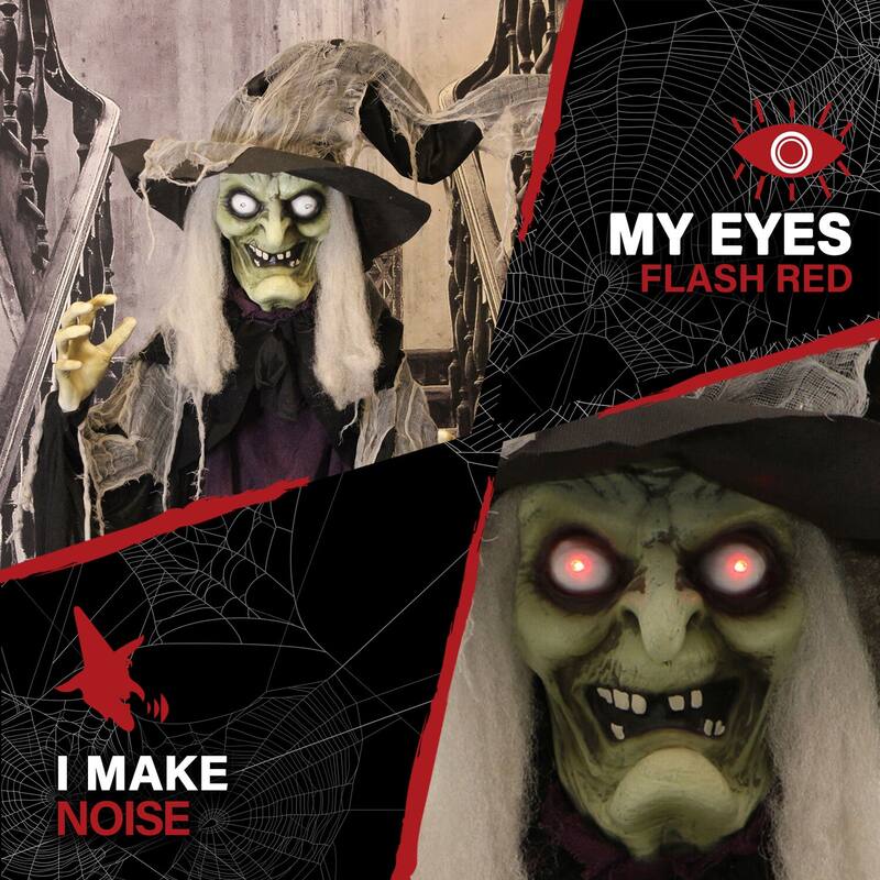 Haunted Hill Farm 6.9-ft. Standing Witch, Indoor/Covered Outdoor Halloween Decoration, LED Red Eyes, Poseable, Spinster