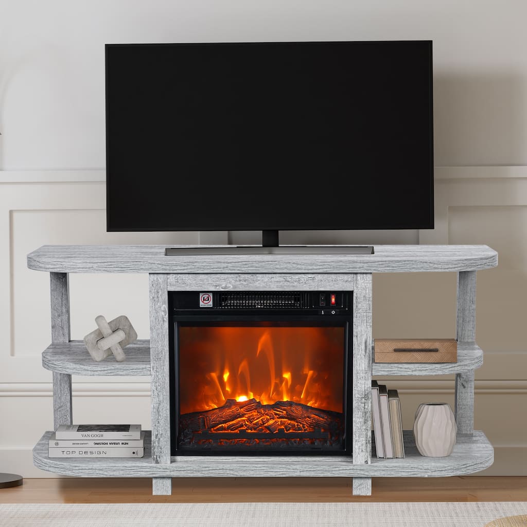 48" Modern Light Gray Fireplace TV Stands Console Table with Open Storage Shelves