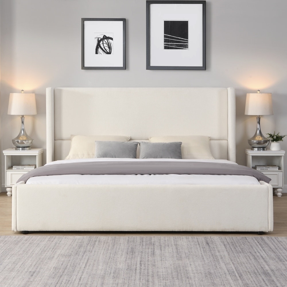White Fabric Upholstered Bed with Tall Headboard