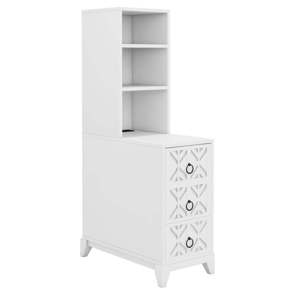 White Side Table Slim Nightstand Lamp Table with Drawers, File Cabinet Dressing Table Corner Table with Open Shelves
