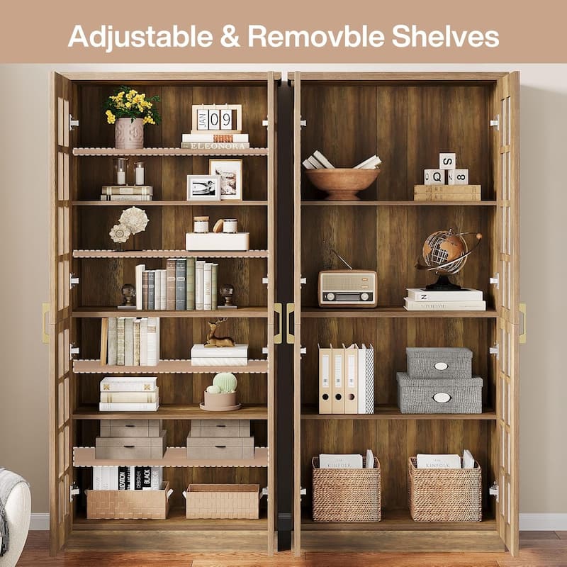 8 Tier Tall Modern Bookcase with Acrylic Doors, Adjustable Shelves