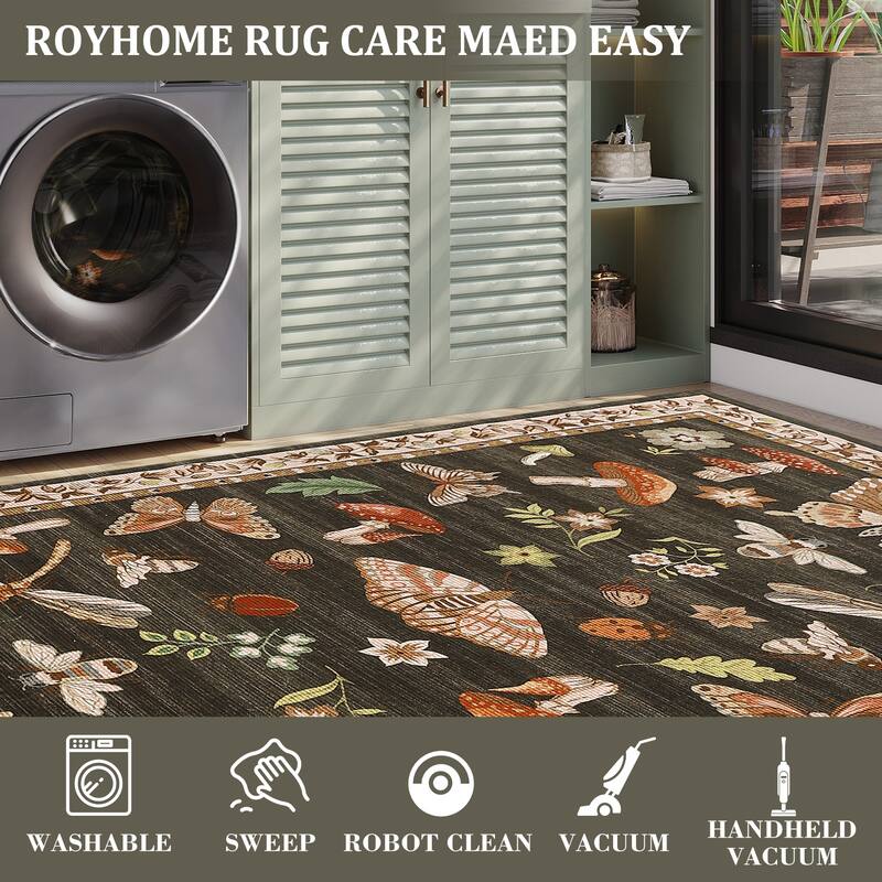 Area Rugs for Living Room Modern Insect Rug Mushroom Pattern Rug Soft Washable Non Slip Low Pile Rug
