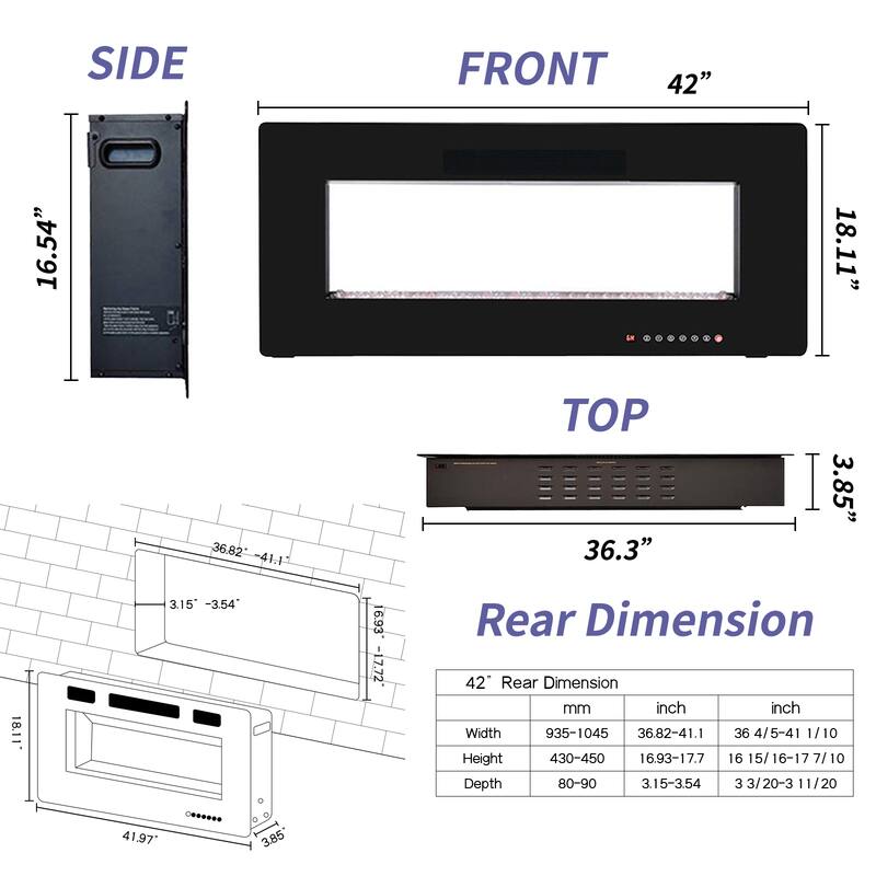 Electric Fireplace Insert, 750/1500W Electric Heater, Adjustable Flame Color, Remote Control, Timer