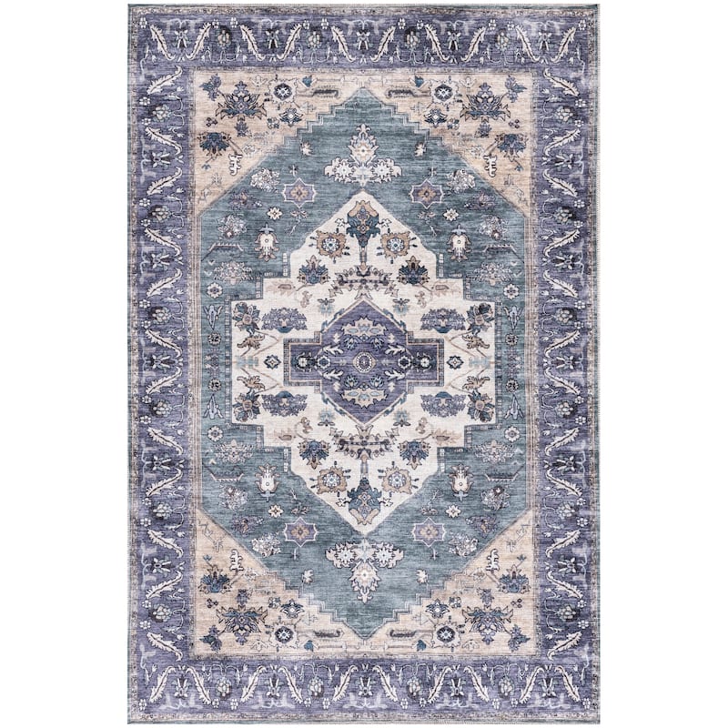 Washable Brilliance Persian Indoor Kitchen & Area Rug - 4' x 6' - Blue/Teal - Rectangle
