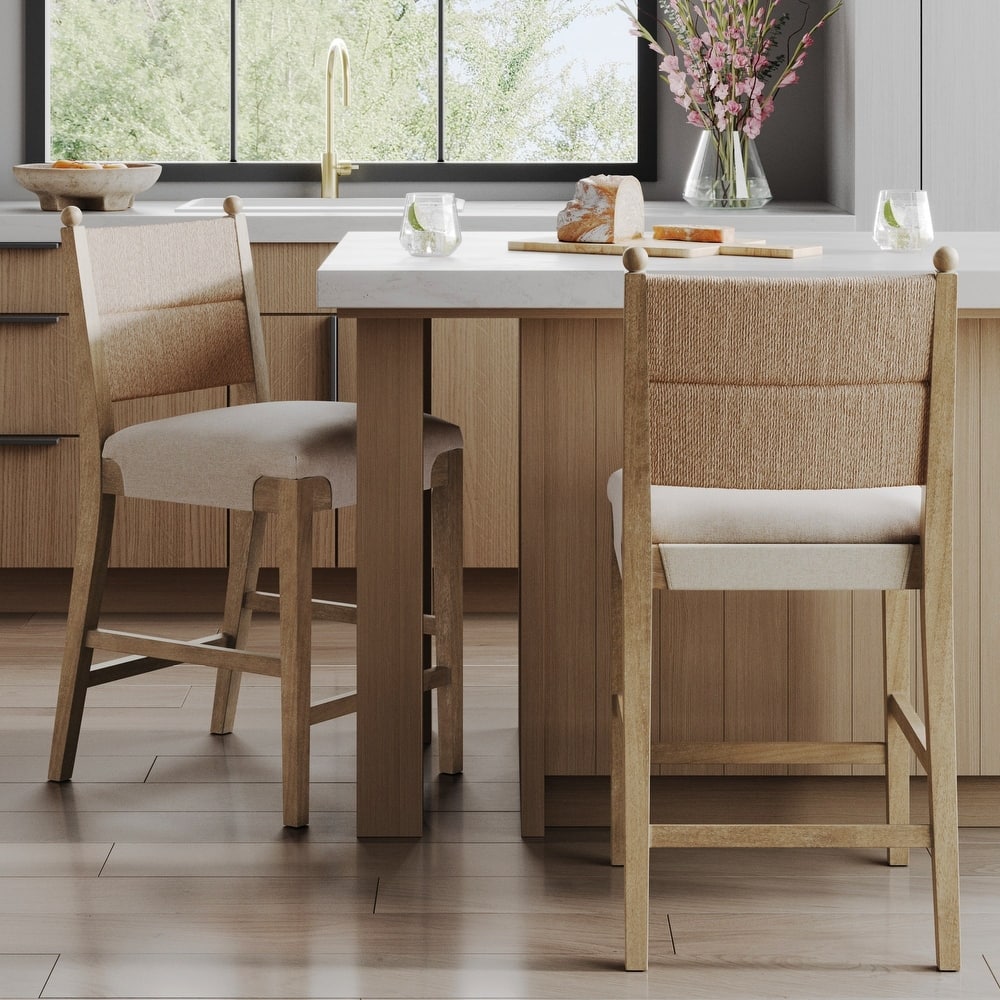 Cove Seagrass Counter Stool, Upholstered Bar Stool with Seagrass Backrest and Flax Upholstered Seat