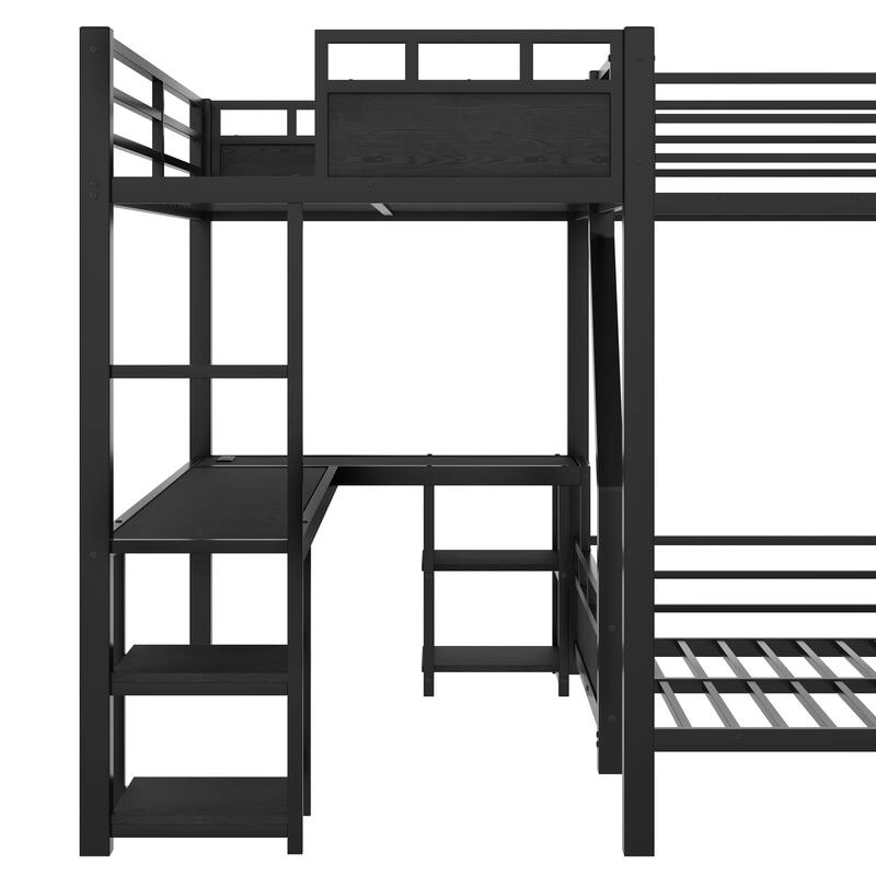 L-Shaped Metal Bunk Bed (Top Bed: Twin, Bottom Bed: Full ) with Single Loft Bed, Desk, and Storage Shelves USB Charging Port