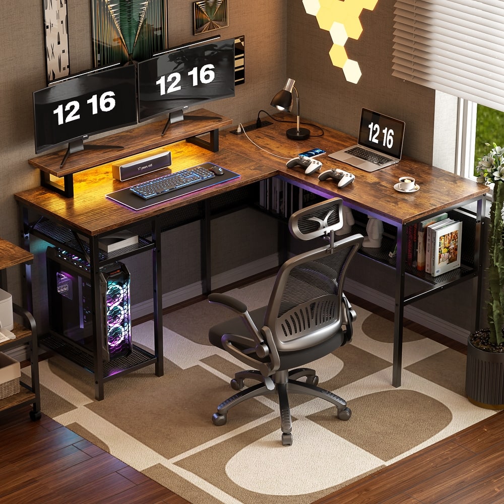 Computer Desk L-shaped Desk with Power Outlets and RGB LED and Monitor Stand