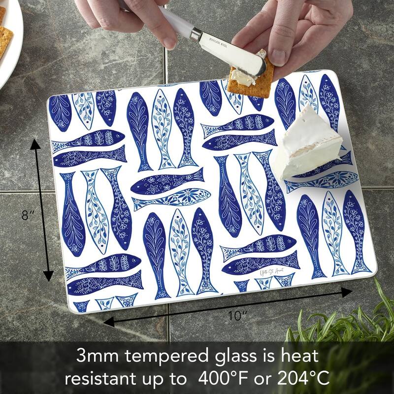 Blue Fish 3mm Tempered Glass Cutting Board 10” x 8” Manufactured in the USA Cheese Board Bar Board Dishwasher Safe