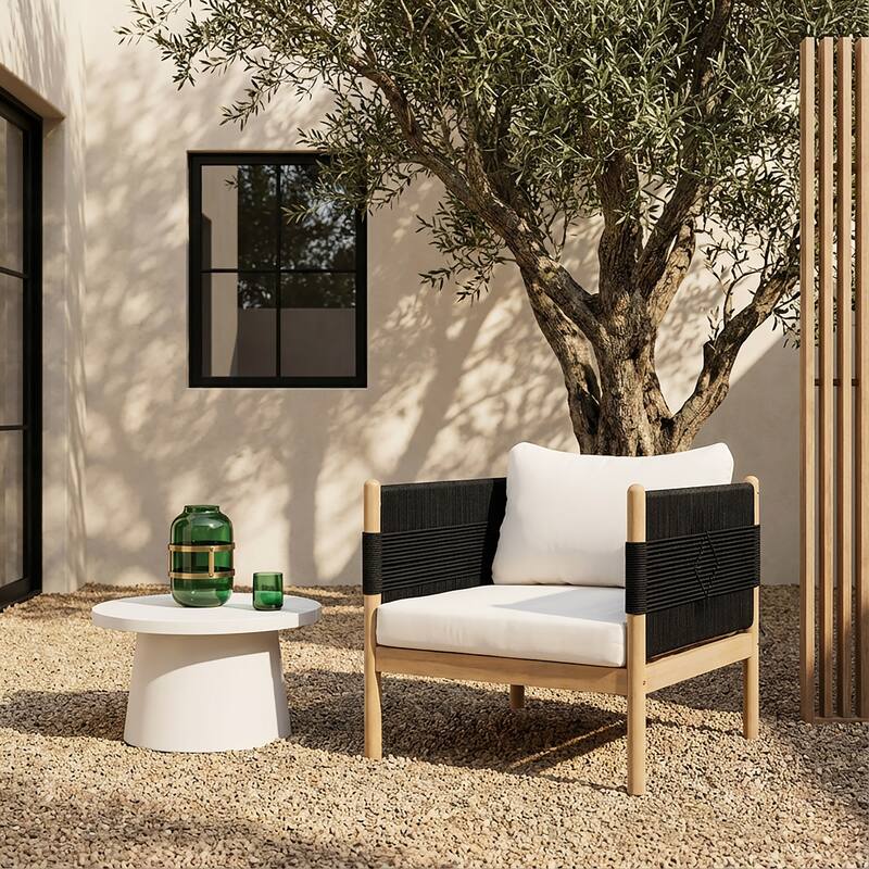 Christopher Knight Home - Outdoor Patio 29.72" Acacia Wood Club Chair with Handwoven Rope Panels and Cushions - Black,Cream,Light Teak finish - 1-piece
