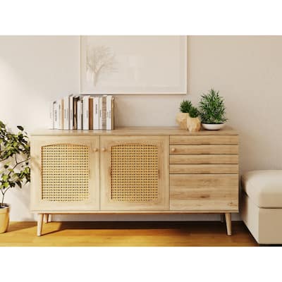 Lazery Mid Century Modern Rattan and Wood Sideboard Buffet Cabinet