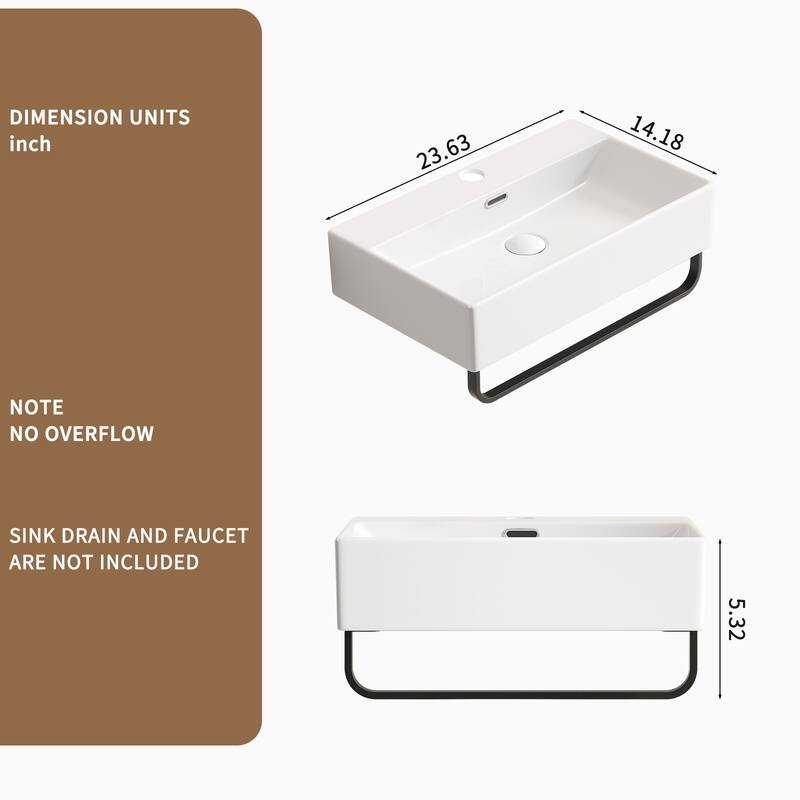 GDFStudio - Vale Modern Ceramic Wall Mounted Vessel Sink with Integrated Towel Bar and Faucet Hole