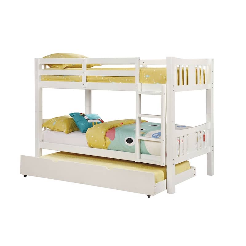 Twin Over Twin Wooden Bunk Bed with Attached Ladder and Lock Joint, White