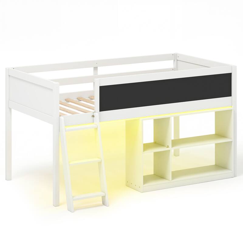 Gymax Kids Loft Bed w/LED Lights Chalkboard & Removable Bookcase - White