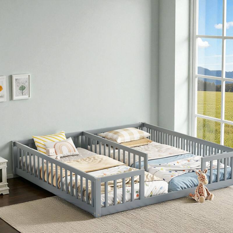 Double Twin Floor Bed with Fence and Guardrails, Solid Pine Wood Frame Montessori Bed for Kids