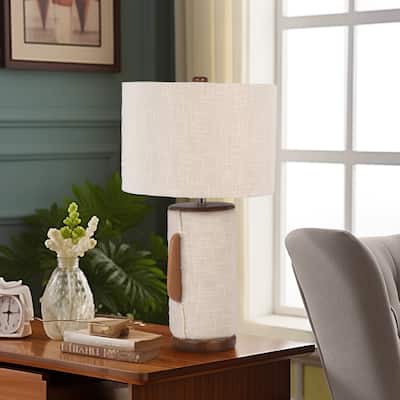 Sagebrook Home Neutral Textured Natural 24" Omix Fabric Lamp With Wood, Ivory, Cylinder - 13" x 13" x 24"
