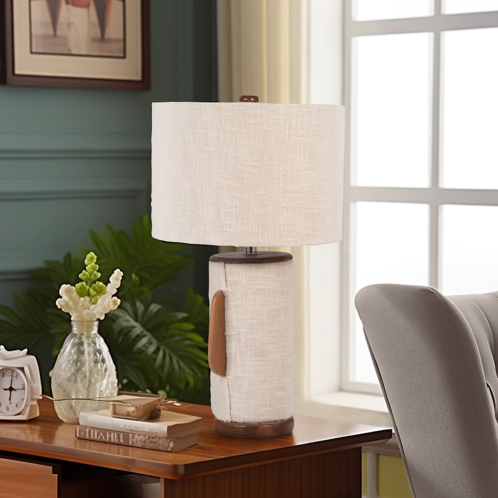 Sagebrook Home Neutral Textured Natural 24" Omix Fabric Lamp With Wood, Ivory, Cylinder - 13" x 13" x 24"